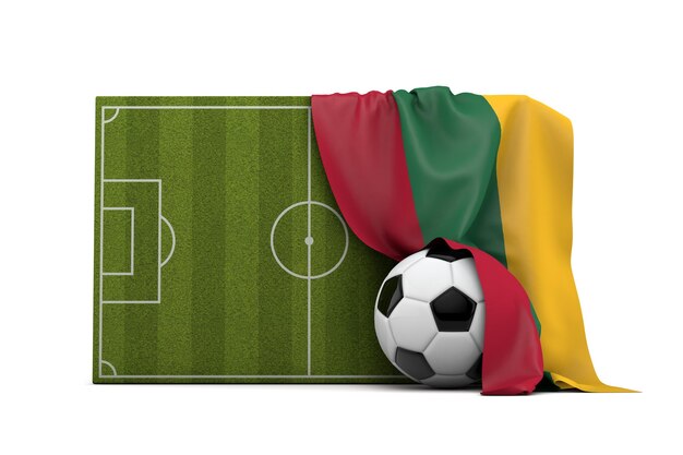 Lithuania country flag draped over a football soccer pitch and ball 3D Rendering