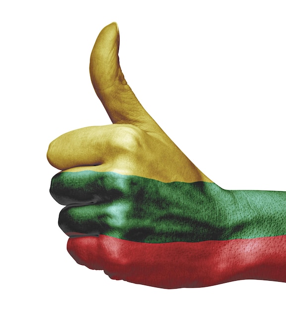 Lithuania flag on hand indicating approval on white background