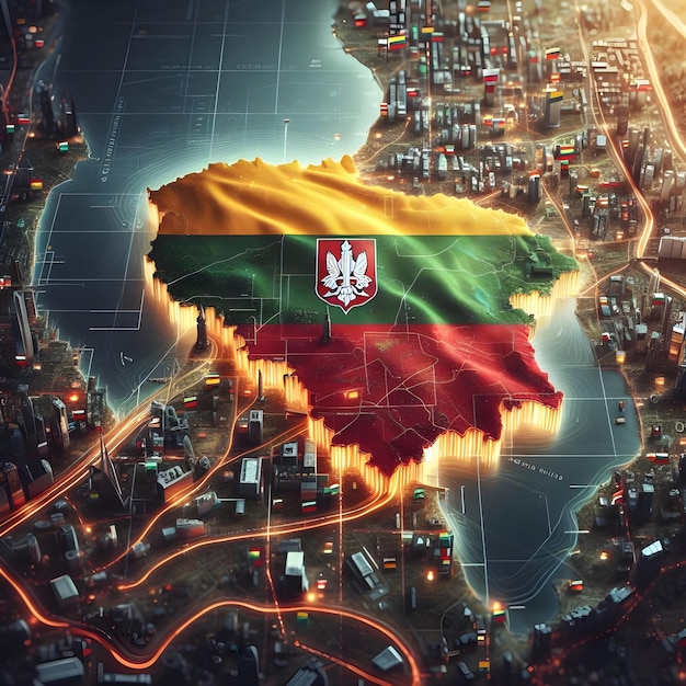 Lithuania map with waving flag of country realistic photo