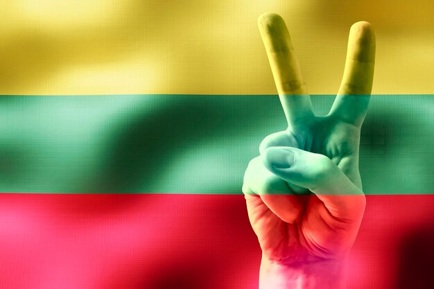 Lithuania two fingers showing peace sign and national flag