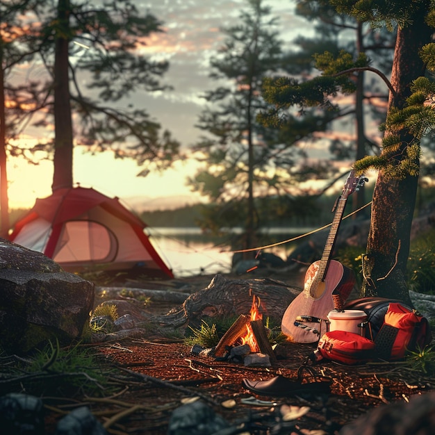 Lithuanian Summer Camping Adventure Outdoor Scene with Guitar and Campfire