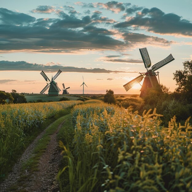 Lithuanian Summer Landscape with Windmills at Sunset