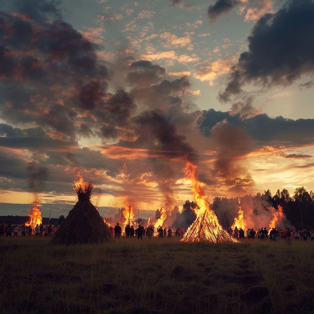 Lithuanian Summer Solstice Celebration Gathering around Fire Pit