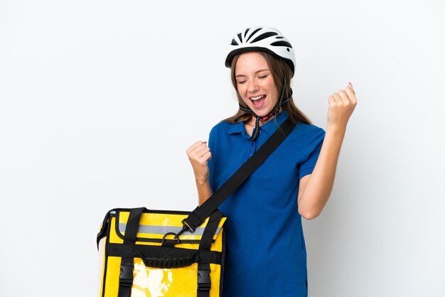 Lithuanian woman with thermal backpack celebrating a victory