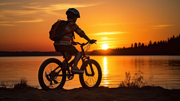 A litle boy rides a bicycle on an adventure in nature at sunset