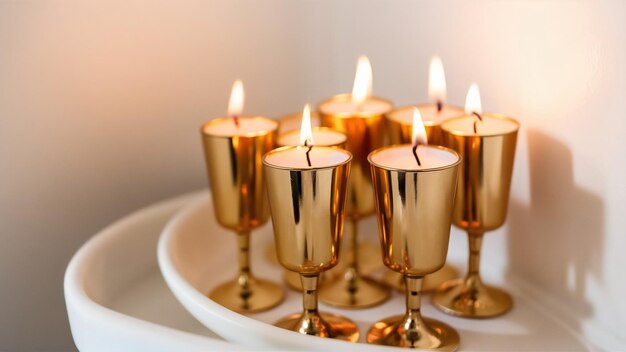 Photo litle candles burn in golden shots which stand around