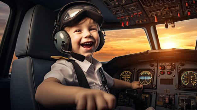 Photo litlle boy pilot in the cabin of plane laughing happily