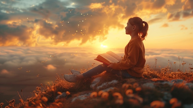 Photo litlle kid girl with books in a fairytale world book on background of sunset sky