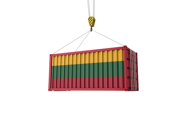 Litouwen vlag vracht handelscontainer hangend aan een kraan d render