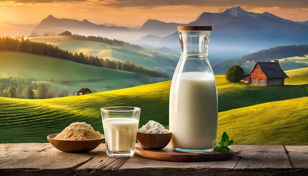 Litre melk op een tafel en een weide op de achtergrond Wereldmelkdag