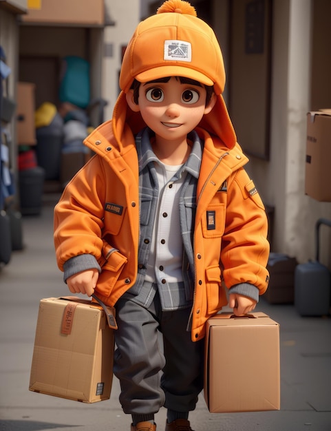 Маленький мальчик в оранжевой кепке и куртке-шопи несет в руках тяжелую картонную коробку