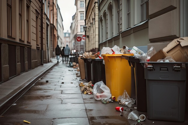 Мусор и мусор переполняются из мусорных баков в оживленном городе