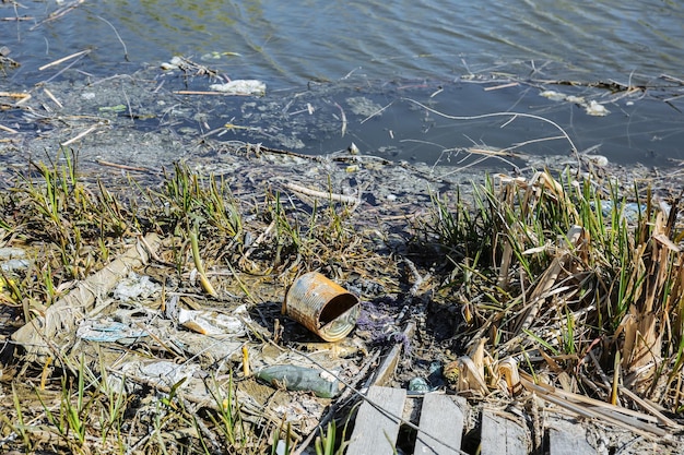 Photo litter plastic in the nature pollution of the environment ecological disaster green dirty water