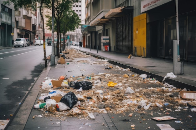 Litter on the sidewalk spreading its ugly mess in a busy city