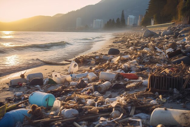 Littered beach at sunset environmental concern