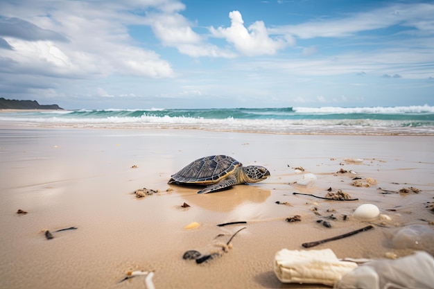 Littering on the beach with trash and detritus washed up by waves