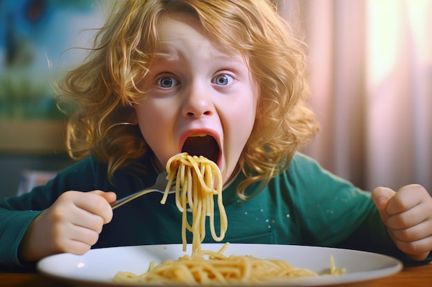 이탈리아 스파게티를 먹는 작은 사랑스러운 소년이 가까이에 있습니다.