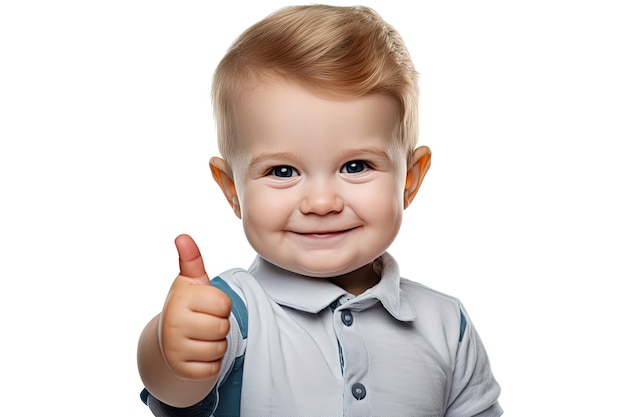 Little adorable boy showing thumbs up on a white background