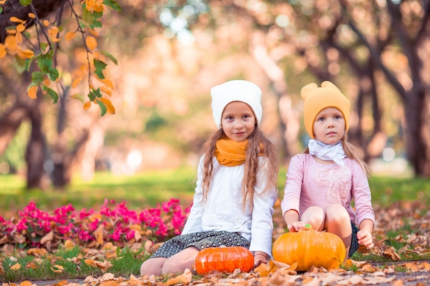 Little adorable girls with pumpkin outdoors on a warm autumn day.