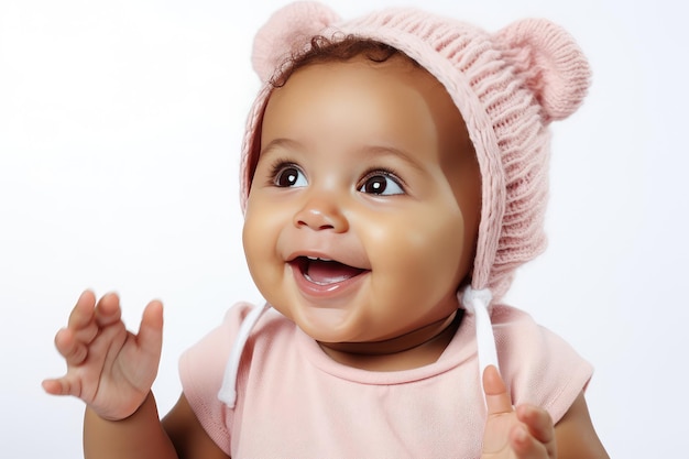 Little African American baby smiling in a white background