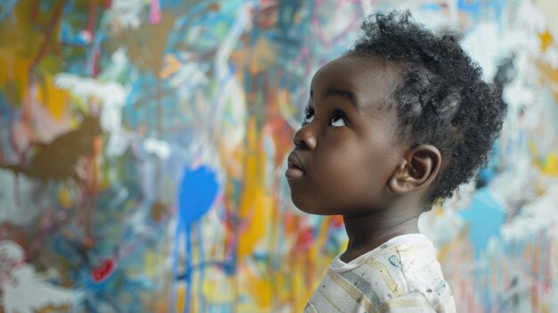 Little African American boy painting on wall indoors