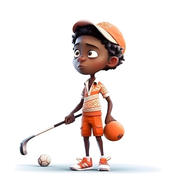 Foto piccolo ragazzo afroamericano con una mazza da baseball e una palla rendering 3d