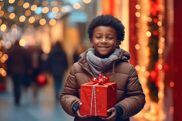 Маленький афроамериканский мальчик с рождественским подарком на фоне рождественской елки в торговом центре. Он улыбается и смотрит в камеру, концепция рождественских продаж.