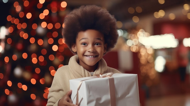 Little african american boy with a christmas gift on the background of the christmas tree