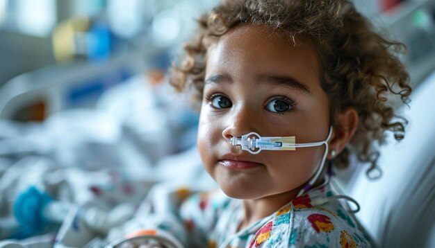 Photo little african american child in bed in hospital room child with iv tube and pulse oximeter in