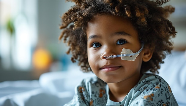 Little African American child in bed in hospital room Child with IV tube and pulse oximeter in