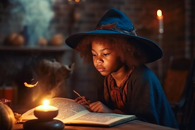 図書館で魔法の本を読んでいるアフリカ系アメリカ人の女の子の魔女 ハロウィーンコンセプト