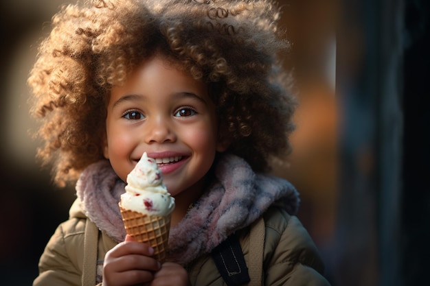 外でアイスクリームを食べている巻きの小さなアフリカ系アメリカ人少女