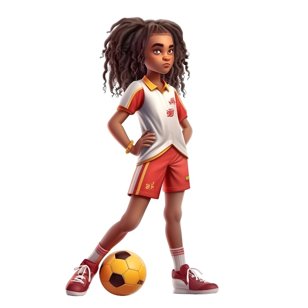 Little African American girl with a soccer ball isolated on white background