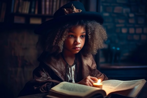 Little African American witch with candle makes spell using magic book Halloween concept