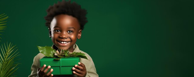 작은 아프리카 소년은 선물을 풀고 초록색 배경에 웃고 있습니다.