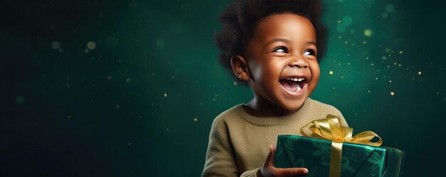 A little african boy is unwrapping a gift and laughs on red background Banner copy space Generative ai