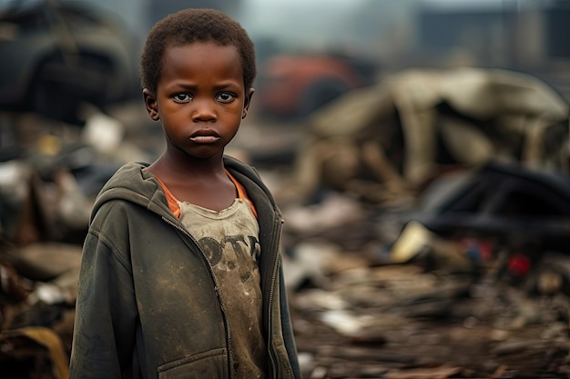 little African boy in a landfill mountains of garbage and waste Problem of environmental pollution