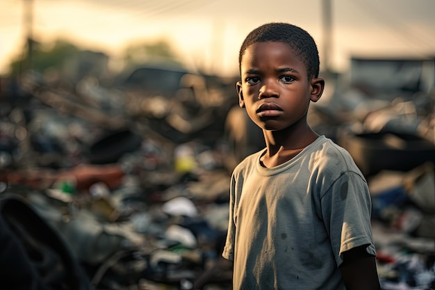 little African boy in a landfill mountains of garbage and waste Problem of environmental pollution