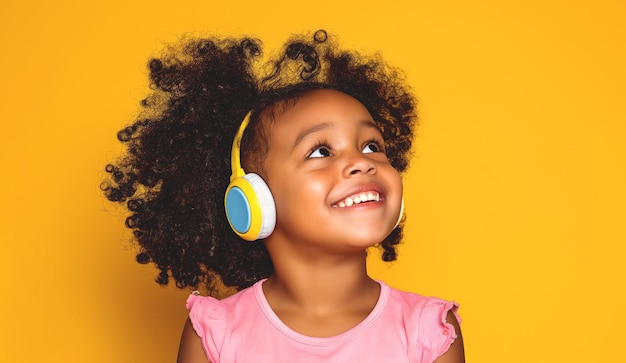 Little african girl smiling and listening music or podcast against a yellow color background