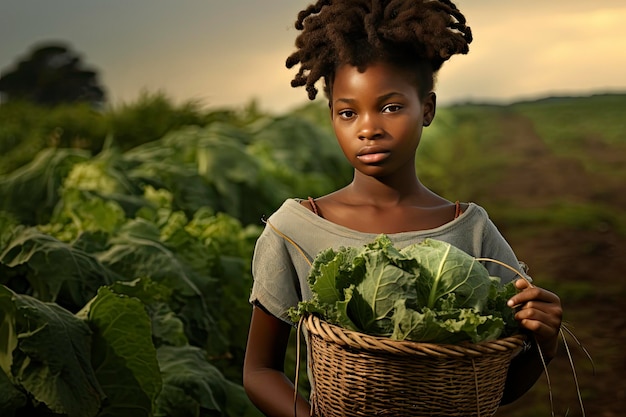 Фото Маленькая африканская девочка с корзиной свежей капусты в естественной среде, созданной ии