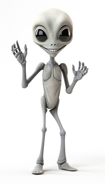 Foto piccolo alieno con il sorriso e le mani in alto isolato su uno sfondo bianco