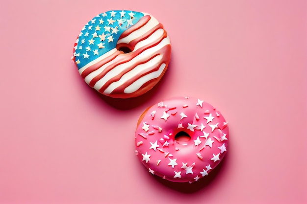 Little american flag stuck in donuts on pink background 4th of july usa independence day