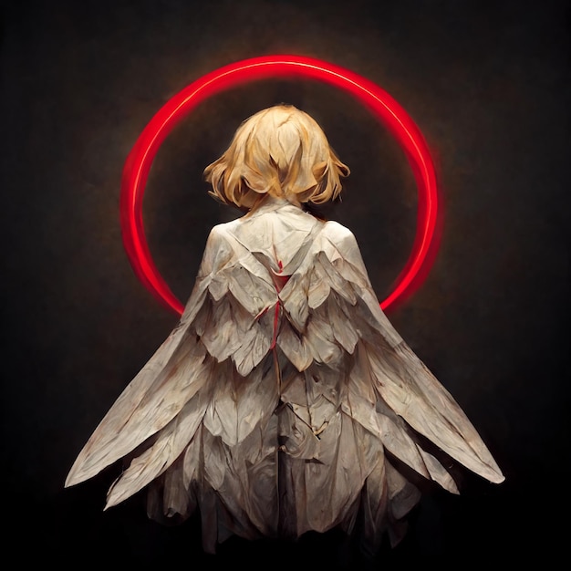 Little angel girl with big white wings rear view illustration