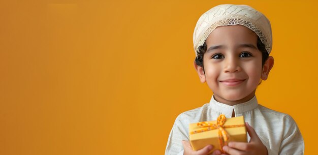 Little Arab boy wearing a turban joyfully holds a gift box on a yellow background Ramadan