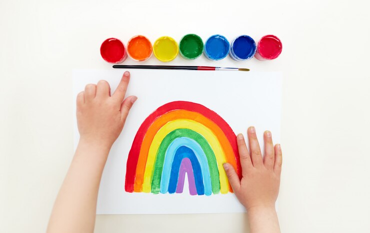 Photo little artist child. kid painting the rainbow during quarantine at home. paint instruction. childrens card for nurses