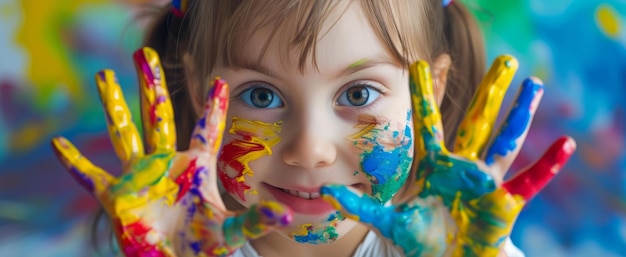 Foto piccolo artista che mostra le mani colorate un sorriso allegro.