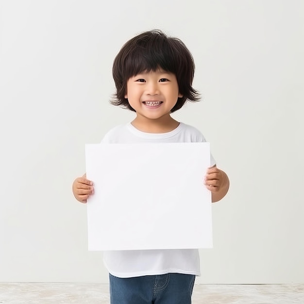 Little Asian boy holding her own paintings and smiling generative AI