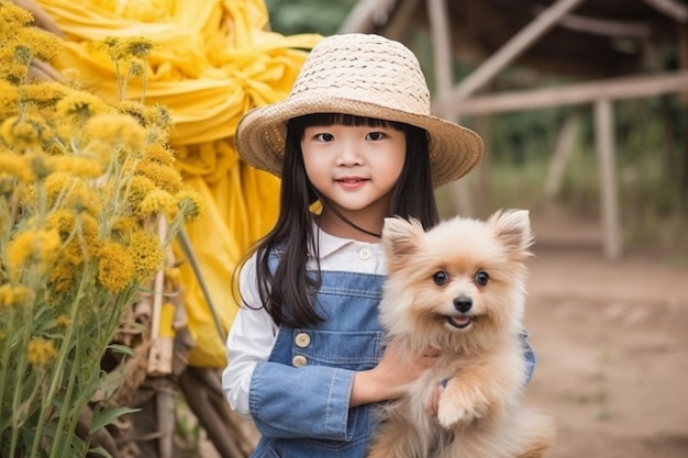 Little asian child girl and dog happy cute girl in jeans overall and hat playing with dog in pineapple farm summertime in countryside childhood and dreams outdoor lifestyle