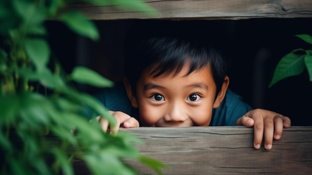 Little asian children kid playing hide and seek standing next a wall house adorable child having fun