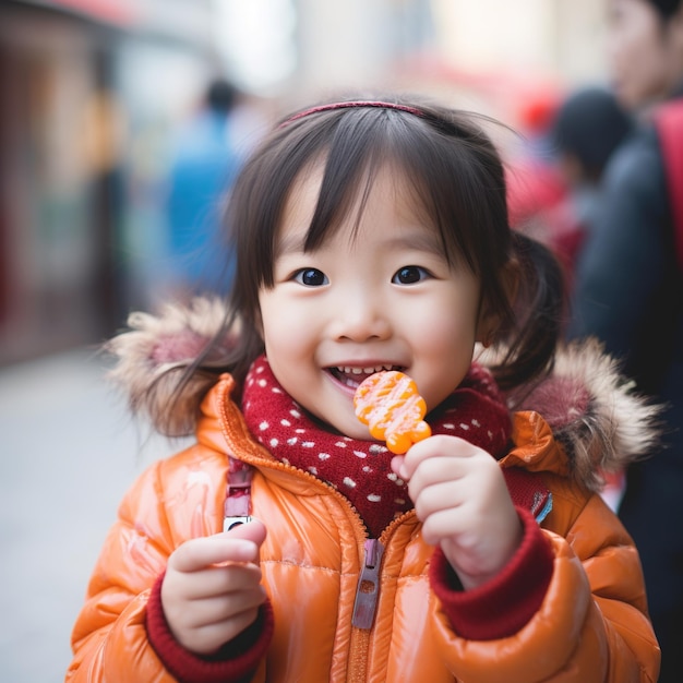 サンザシの砂糖漬けを食べるアジアの少女